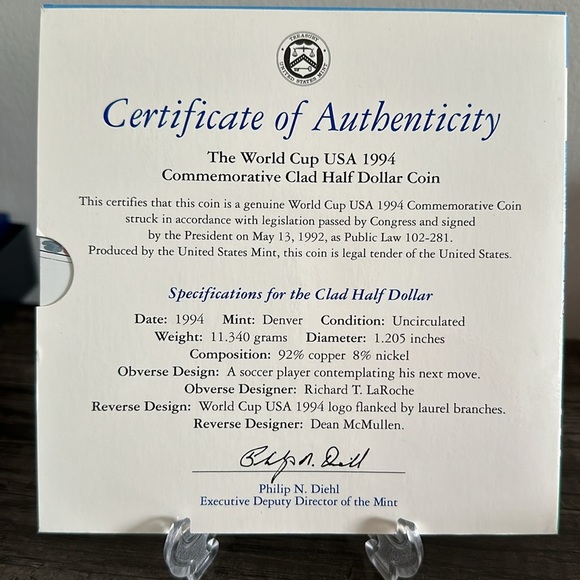 1994 D Mint World Cup USA Commemorative Coin Uncirculated - Picture 4 of 12